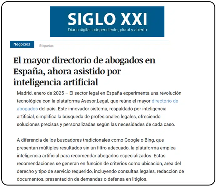 Abogados en Asesor.Legal | Asesoría legal para Directorio de Abogados y Respuestas legales gratuitas con IA Noticia Asesor Legal Diario siglo XXI
